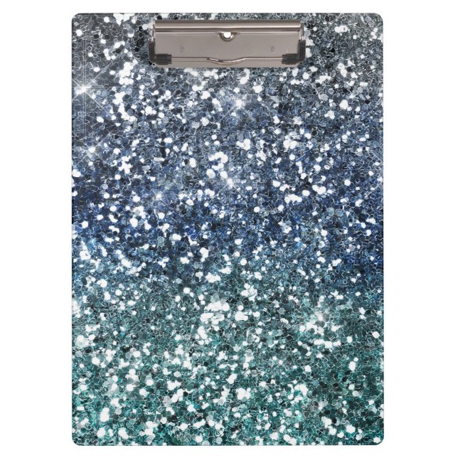 Silver Teal Blue Glitter Look Clipboard (Front)