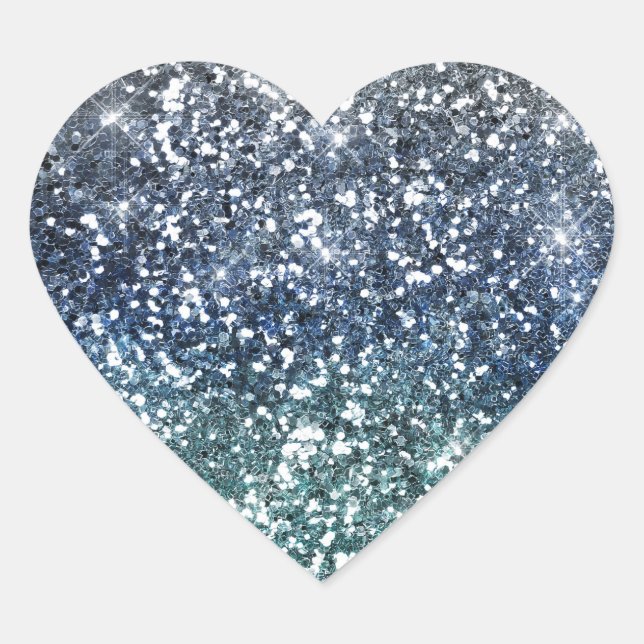 Silver Teal Blue Glitter Look Heart Sticker (Front)