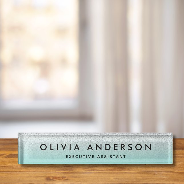 Silver teal blue green Glitter Ombre Name Desk Name Plate (Aqua Silver Glitter Desk Name Plate)