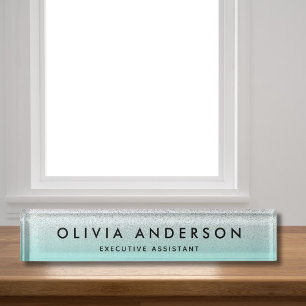 Silver teal blue green Glitter Ombre Name Nameplate