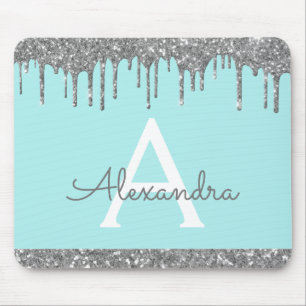 Silver Teal Blue Modern Sparkle Glitter Monogram Mouse Pad