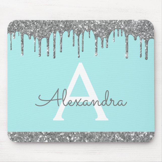 Silver Teal Blue Modern Sparkle Glitter Monogram Mouse Pad (Front)