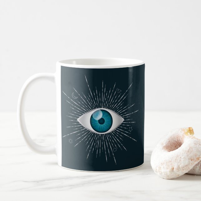 Silver & Teal Blue Mystic Aqua Evil Eye Nazar Mati Coffee Mug (With Donut)