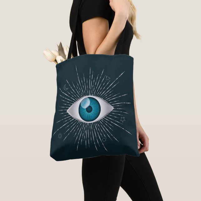 Silver & Teal Blue Mystic Aqua Evil Eye Nazar Mati Tote Bag (Close Up)