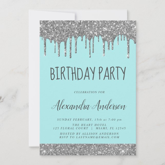 Silver Teal Blue Sparkle Glitter Any Age Birthday Invitation (Front)