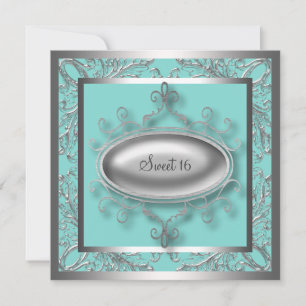 Silver Teal Blue Sweet 16 Birthday Party Invitation