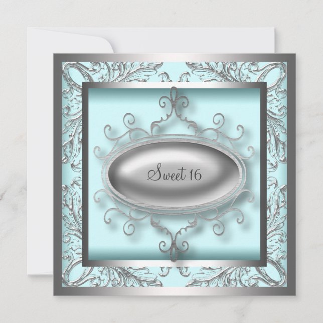 Silver Teal Blue Sweet 16 Birthday Party Invitation (Front)