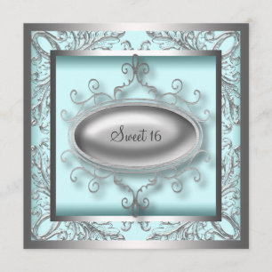 Silver Teal Blue Sweet 16 Birthday Party Invitation