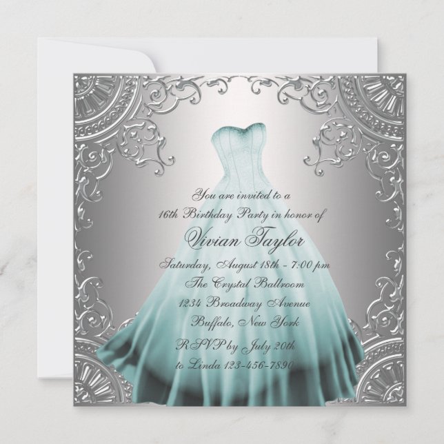 Silver Teal Blue Sweet Sixteen Birthday Party Invitation (Front)