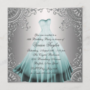 Silver Teal Blue Sweet Sixteen Birthday Party Invitation