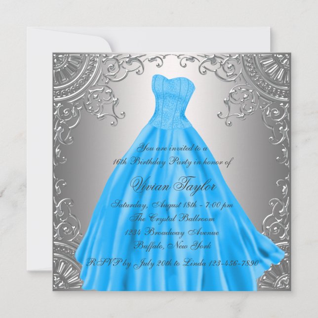 Silver Teal Blue Sweet Sixteen Birthday Party Invitation (Front)