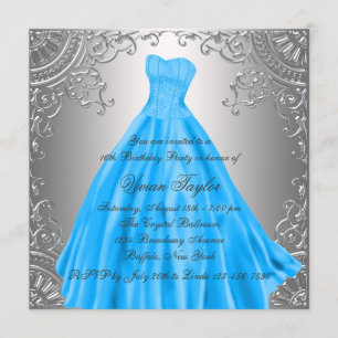 Silver Teal Blue Sweet Sixteen Birthday Party Invitation