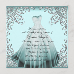 Silver Teal Blue Sweet Sixteen Birthday Party Invitation