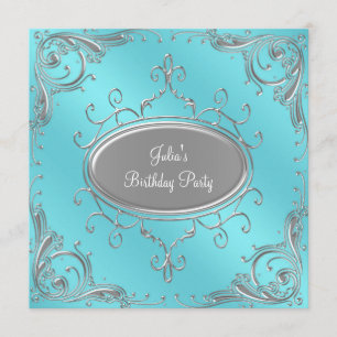 Silver Teal Blue Womans Birthday Party Invitation