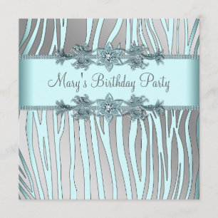 Silver Teal Blue Zebra Womans Birthday Party Invitation