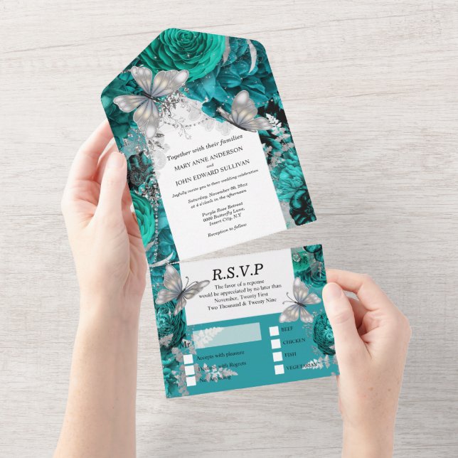 Silver teal butterfly chic shimmer glitter rose   all in one invitation (Tearaway)