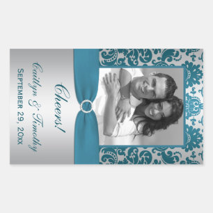 Silver.Teal Damask Photo Wine Label Sticker