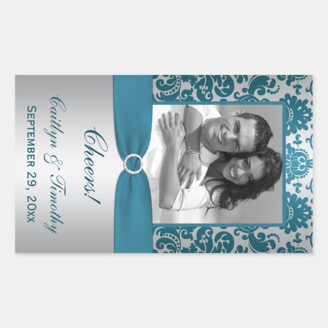 Silver.Teal Damask Photo Wine Label Sticker (Front)