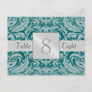Silver & Teal Damask Wedding Table Number Card