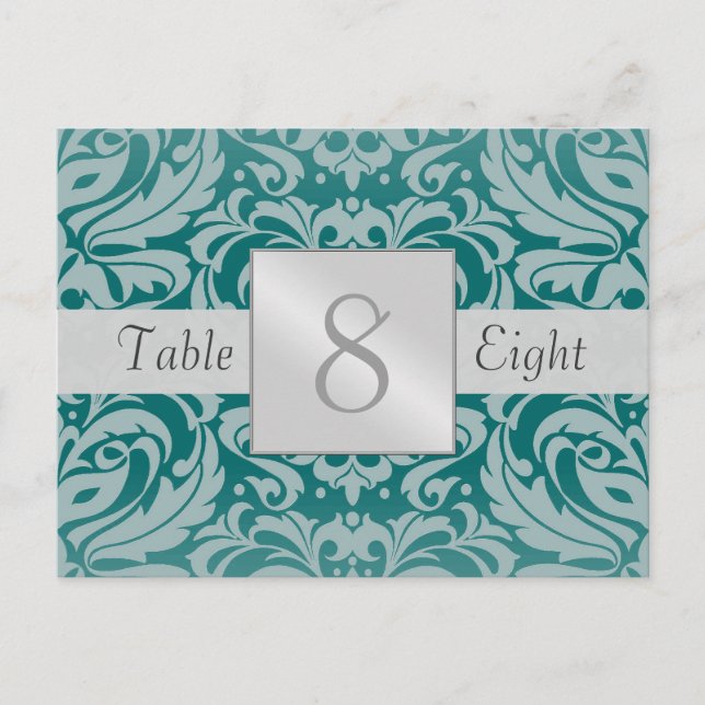 Silver & Teal Damask Wedding Table Number Card (Front)