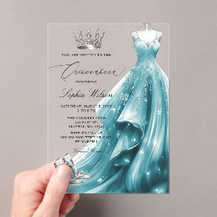 Silver Teal Dress Princess Quinceañera Acrylic Invitations