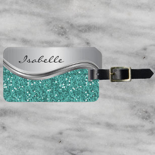 Silver Teal Faux Glitter Glam Personalised Metal Luggage Tag