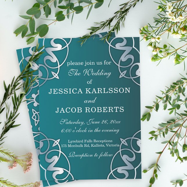 Silver & Teal Filigree Cutout Luxury Frame Wedding Invitation (Creator Uploaded)