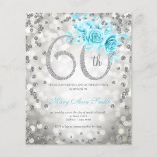 Silver Teal Floral 60 Birthday Lights Invitation  Flyer