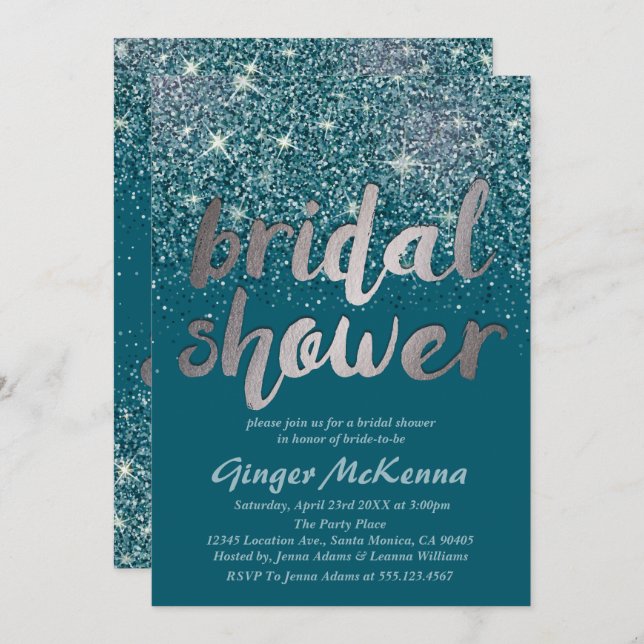 Silver & Teal Glitter Bridal Shower Invitations (Front/Back)