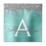 Silver Teal Glitter Brushed Metal Monogram Name Ceramic Tile<br><div class="desc">Silver and Teal Aqua Blue Faux Foil Metallic Sparkle Glitter Brushed Metal Monogram Name and Initial Ceramic Tiles. This makes the perfect sweet 16 birthday,  wedding,  bridal shower,  anniversary,  baby shower or bachelorette party gift for someone that loves glam luxury and chic styles.</div>