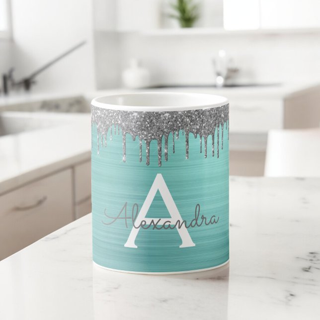 Silver Teal Glitter Brushed Metal Monogram Name Coffee Mug (Creator Uploaded)