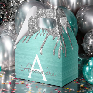 Silver Teal Glitter Brushed Metal Monogram Name Favour Box