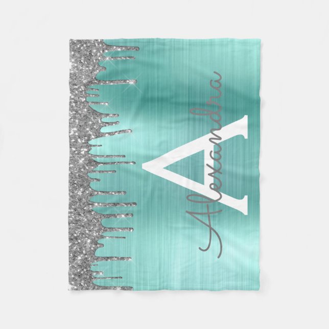 Silver Teal Glitter Brushed Metal Monogram Name Fleece Blanket (Front)