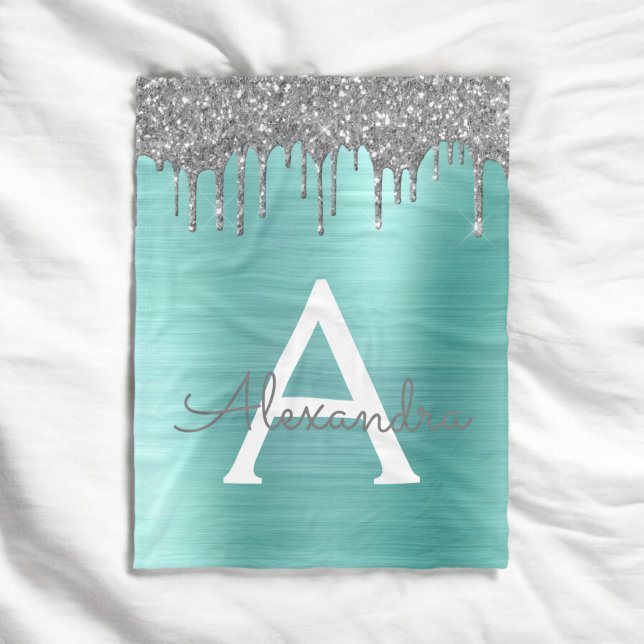 Silver Teal Glitter Brushed Metal Monogram Name Fleece Blanket (Creator Uploaded)