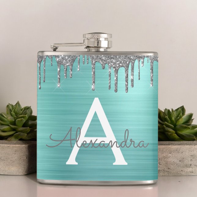 Silver Teal Glitter Brushed Metal Monogram Name Hip Flask (Creator Uploaded)