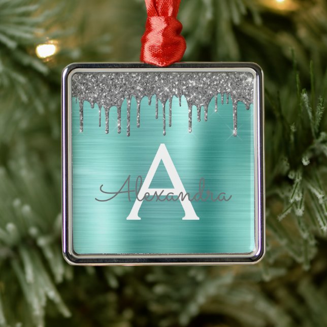 Silver Teal Glitter Brushed Metal Monogram Name Metal Ornament (Tree)