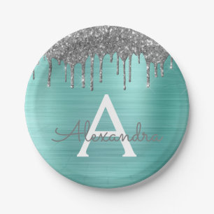 Silver Teal Glitter Brushed Metal Monogram Name Paper Plate