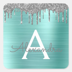 Silver Teal Glitter Brushed Metal Monogram Name Square Sticker