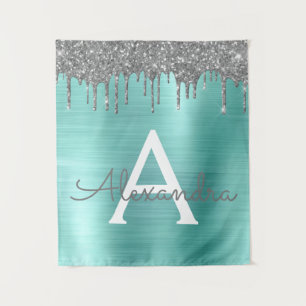 Silver Teal Glitter Brushed Metal Monogram Name Tapestry