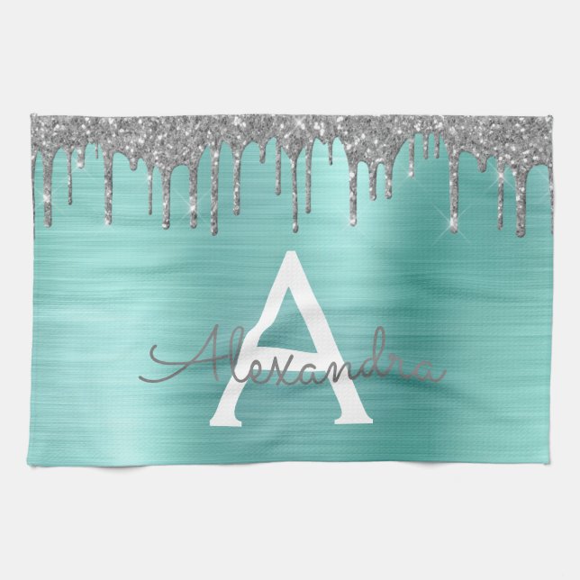 Silver Teal Glitter Brushed Metal Monogram Name Tea Towel (Horizontal)