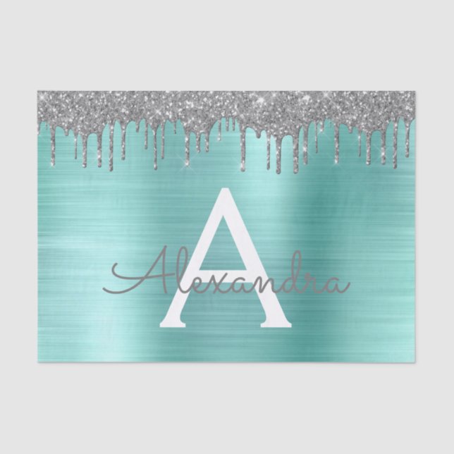 Silver Teal Glitter Brushed Metal Monogram Name Tissue Paper (Front)