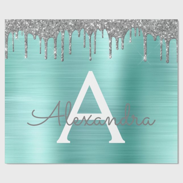Silver Teal Glitter Brushed Metal Monogram Name Wrapping Paper (Flat)