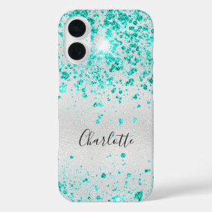 Silver teal glitter green monogram name iPhone 16 case