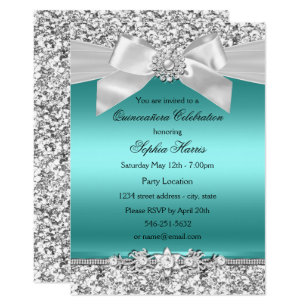 Silver Teal Glitter & Jewel Bow Quinceanera Invitation