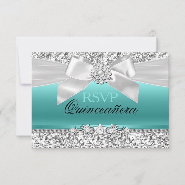 Silver Teal Glitter & Jewel Bow Quinceanera RSVP Card (Front)
