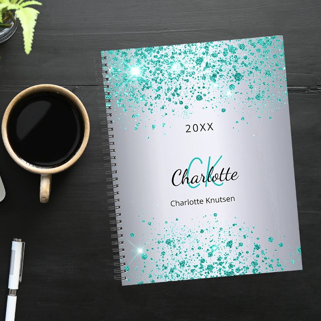 Silver teal glitter name monogram 2026 planner (Creator Uploaded)
