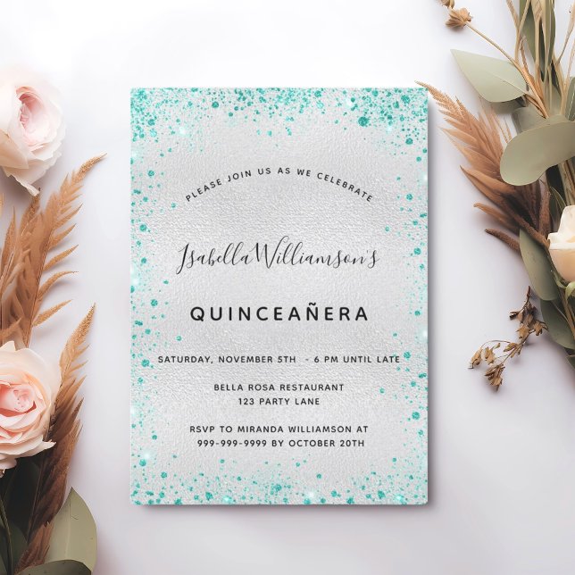 Silver teal glitter Quinceanera Invitation (Creator Uploaded)
