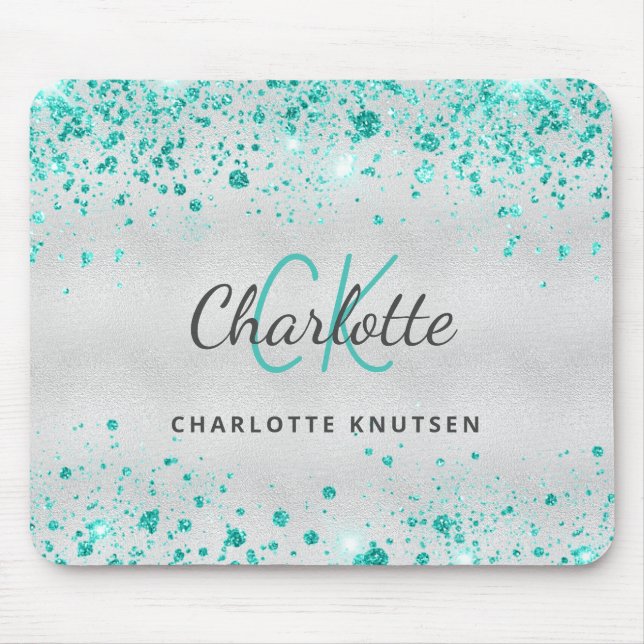 Silver teal glitter sea green monogram metallic mouse pad (Front)