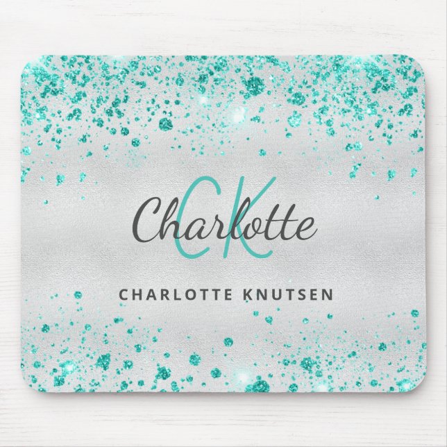Silver teal glitter sea green monogram mouse pad (Front)