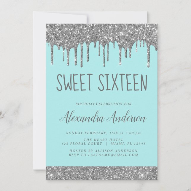 Silver Teal Glitter Sparkle Elegant Sweet 16 Invitation (Front)